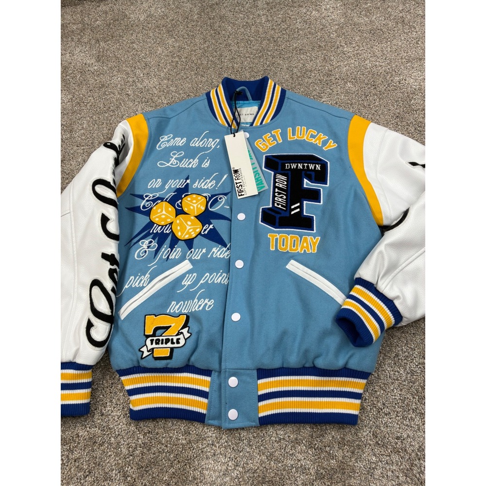 First Row Get Lucky Varsity Jacket Light Blue Road to Fortune Mens Small NWT